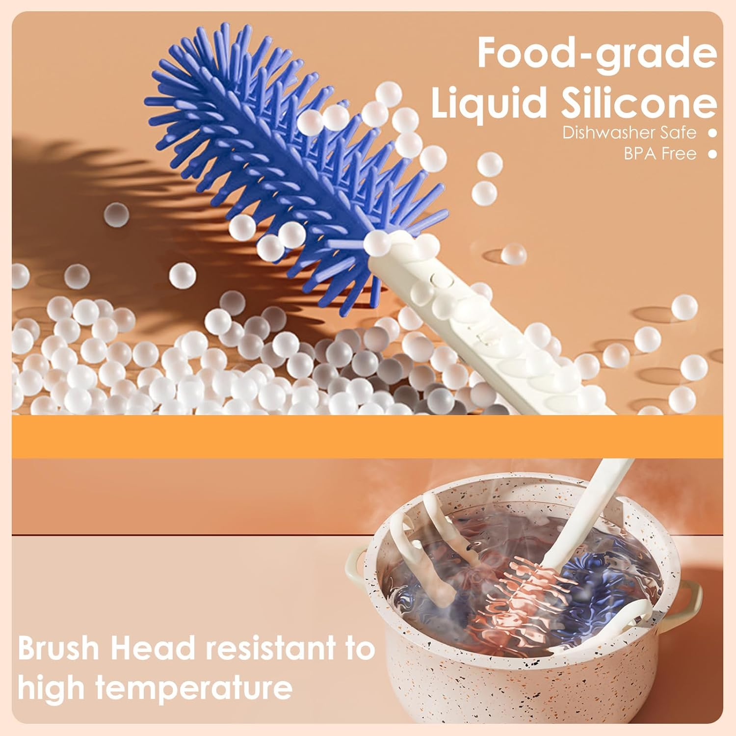 Travel Bottle Brush Set with Stand, Portable Bottle Cleaner Kit with Silicone Bottle Brush, Drying Rack, Nipple Brush, Straw Brush, Soap Dispenser (Blue)