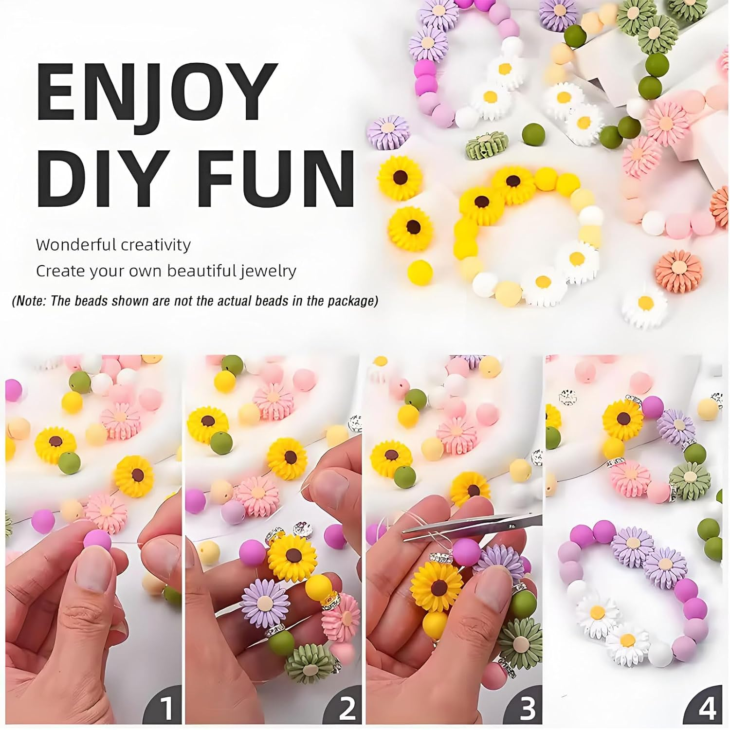 MYTOAU 100Pcs Daisy Silicone Beads, Boho round Daisy Flower Shape Silicone Craft Beads with Nylon Rope for DIY Crafts Jewelry Necklaces Bracelets Keychain Making image number 1