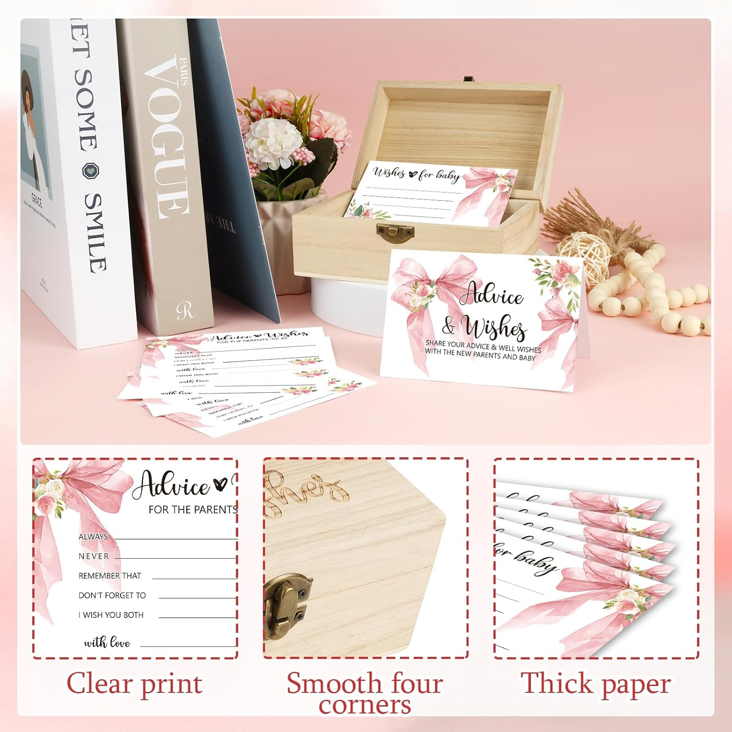 50 Pcs Pink Bow Baby Shower Advice Cards for Parents to Be,Advice and Wishes Cards Box for New Parents,Wishes for Baby Card,Baby Shower Games Decorations Girl image number 3