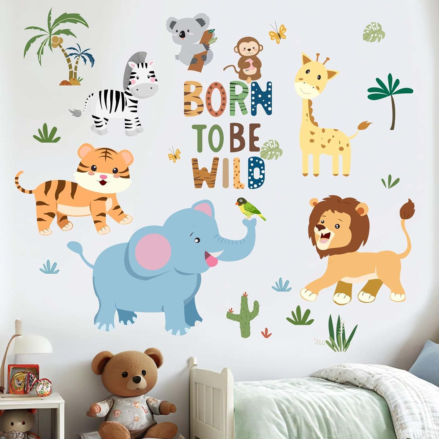 Baby Animals Wall Stickers for Nursery: Kids Boys Girls Bedroom Wall Decals - Jungle Safari Elephant Giraffe Monkey Lion Tiger image number 5