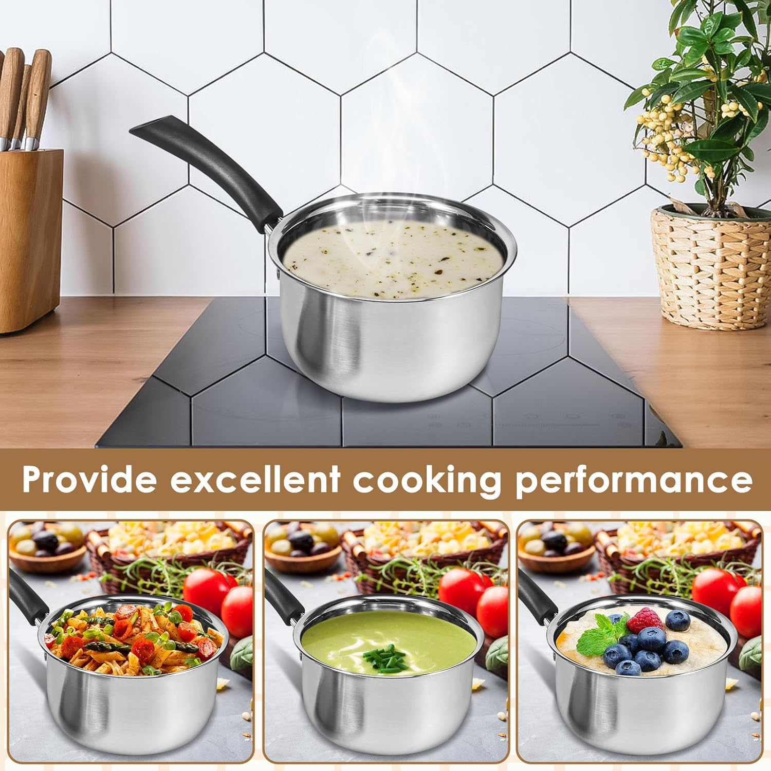 Stainless Steel Saucepan, Small Sauce Pot Milk Pot, Portable Small Cooking Pot with Glass Lid Heat-Resisting Handle, Dishwasher Safe Soup Pot Porridge Cooking Pot for Kitchen Cooking Boiling Stewing image number 1