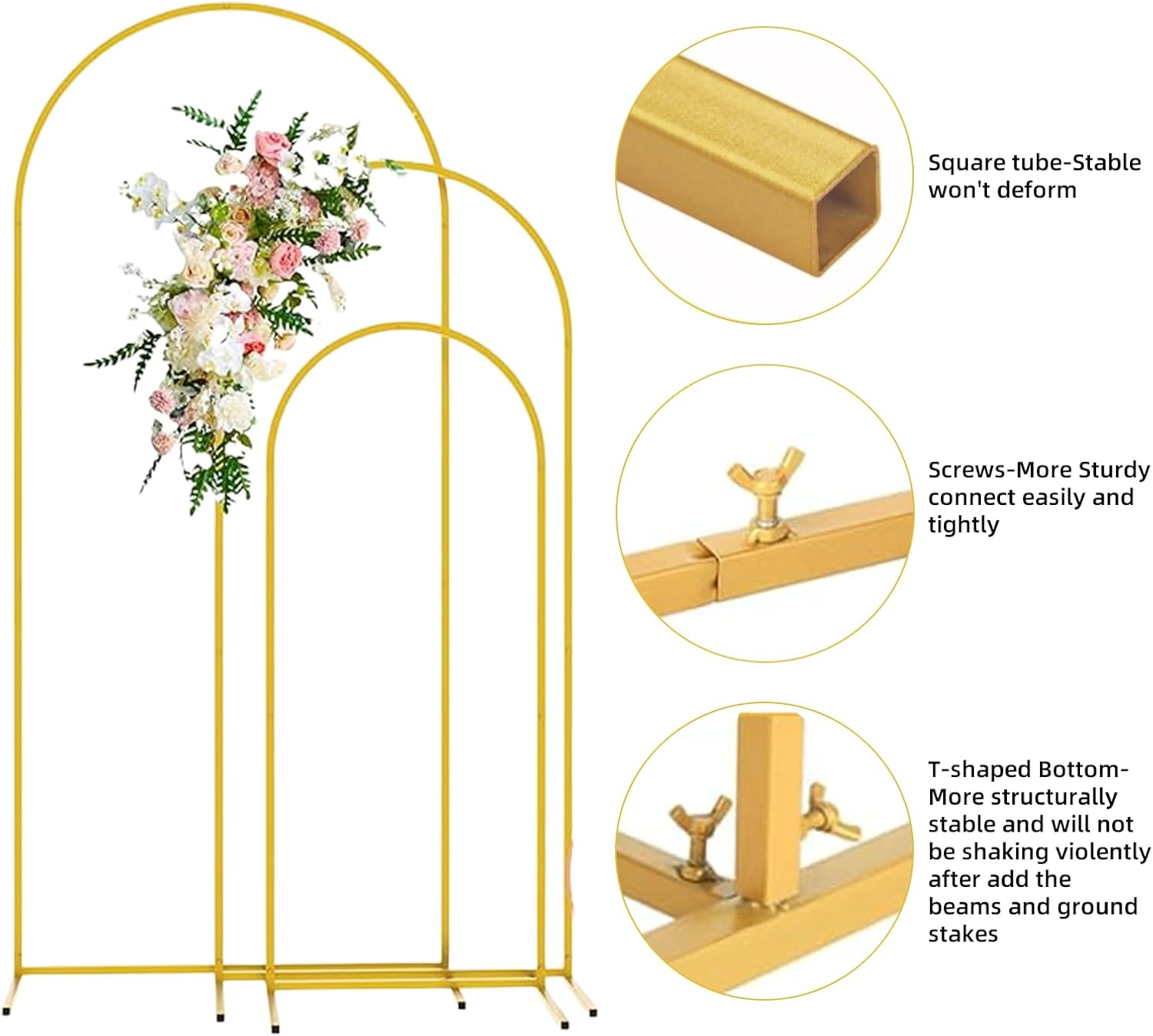 Metal Arch Backdrop Stand 7.2FT, 6.6FT, 6FT Set of 3 Gold Wedding Arch Stand with Stable Base,Balloon Backdrop Stand for Wedding Ceremony Birthday Party Bridal Baby Shower Banquet Decoration. image number 2