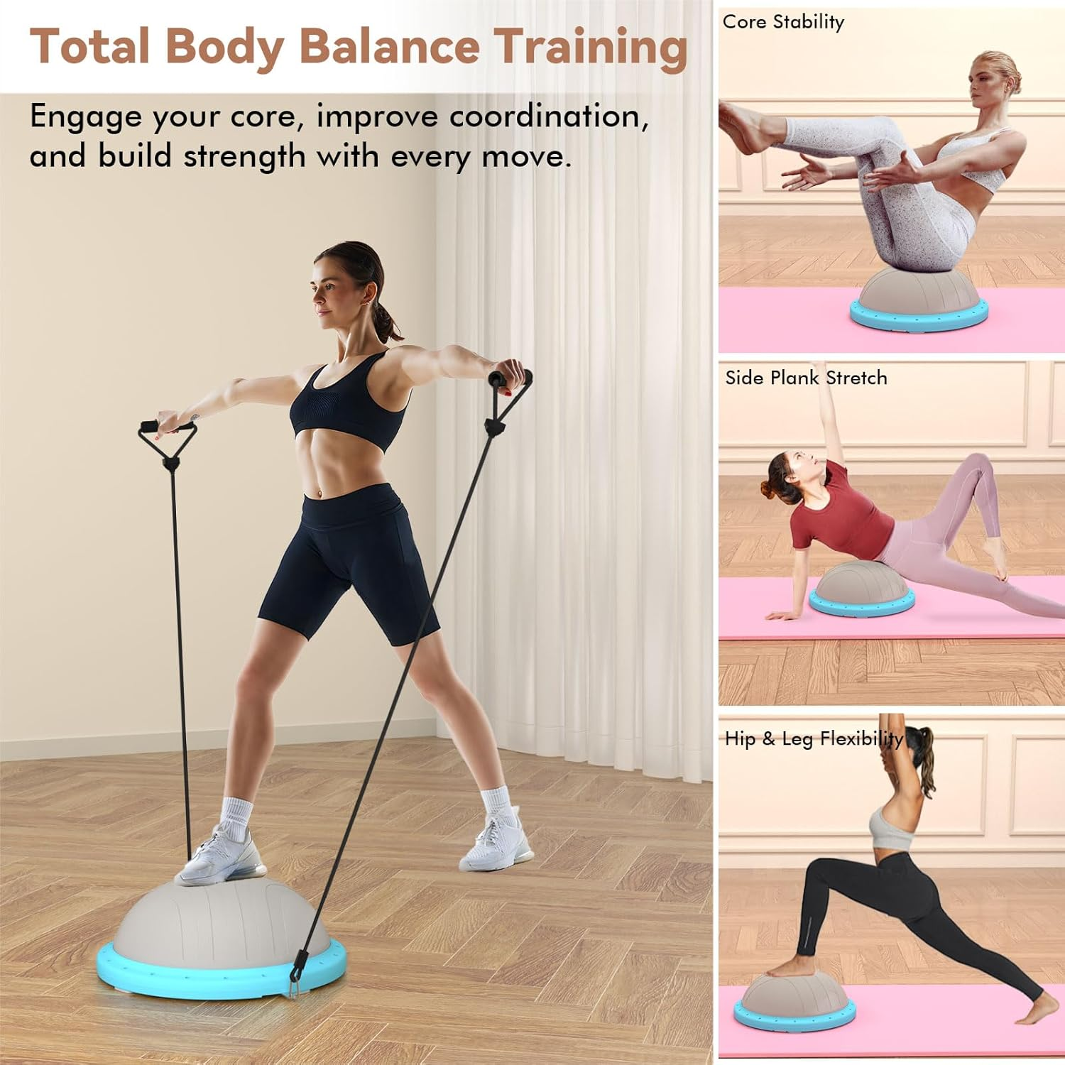 2-In-1 Half Balance Ball Trainer with App & Games, Exercise Balls Half Yoga Ball with Plank Board, Resistance Bands, Pump, Core Strength & Stability Workout Equipment for Home Gym, Pilates, Rehab image number 4