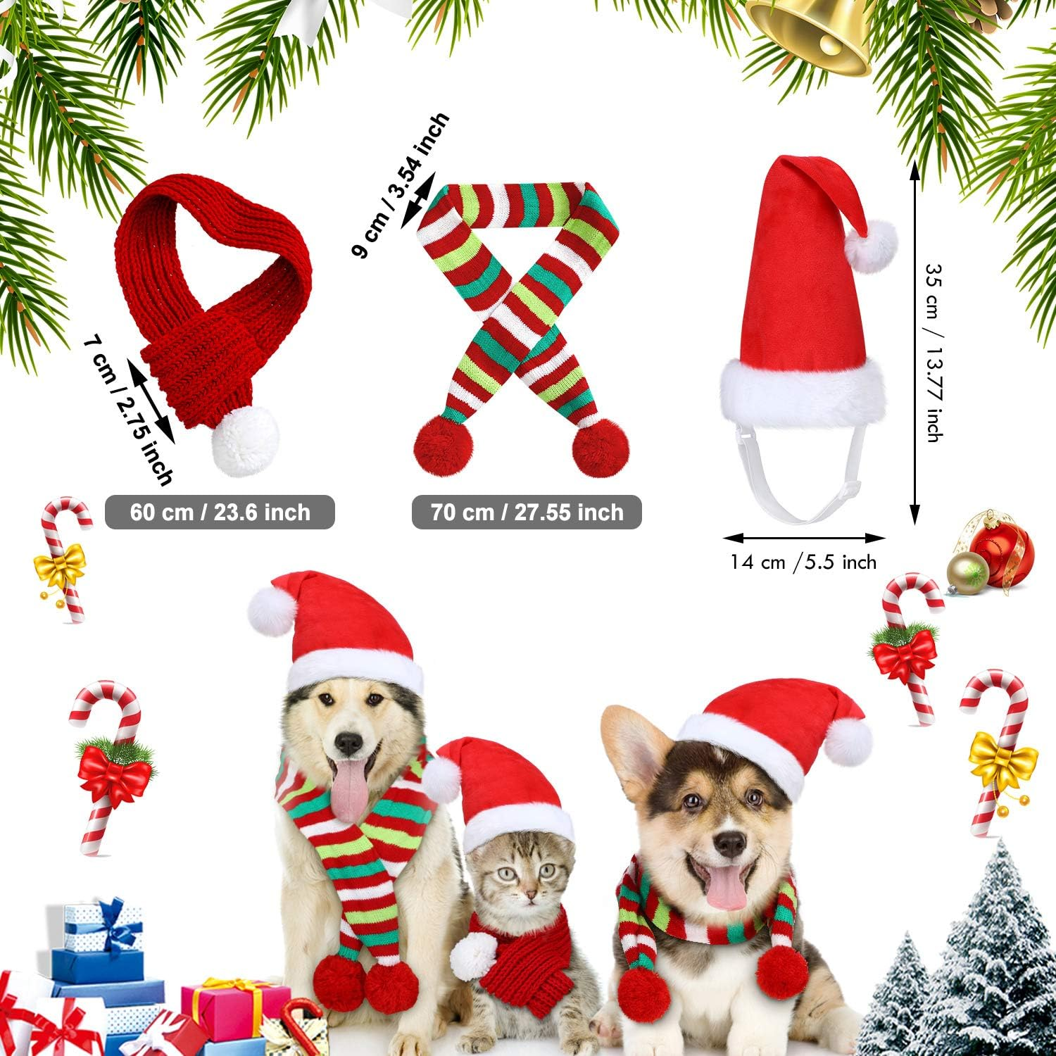 Frienda 4 Pcs Christmas Santa Hat 2 Adjustable Dog Christmas Outfit Costume Hat and 2 Knit Red Scarf Winter Pet Accessory for Small Medium Large Dog(Large) image number 5