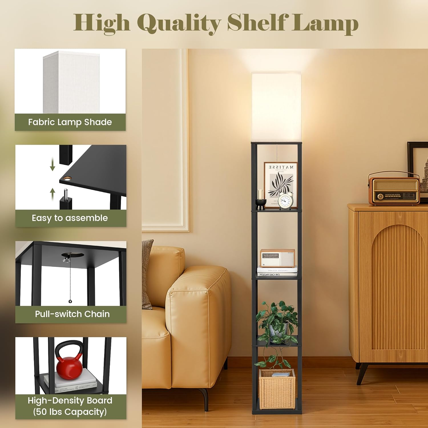 Floor Lamp with Shelves, Modern Square Shelf Lamp with 3 Color Temperature Bulb, Corner Storage Display Bookshelf Standing Floor Lamp for Living Room Bedroom Office-4 Layer image number 6
