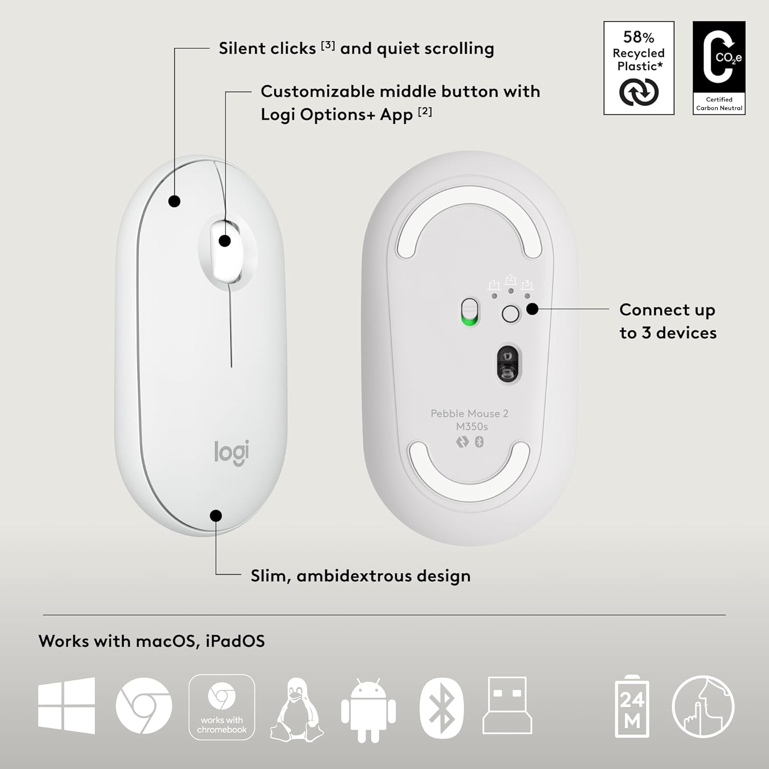Logitech Pebble 2 Combo, Wireless Keyboard and Mouse, Quiet and Portable, Customisable, Logi Bolt, Bluetooth, Easy-Switch for Windows, Macos, Ipados, Chrome - Tonal White - Sand image number 5