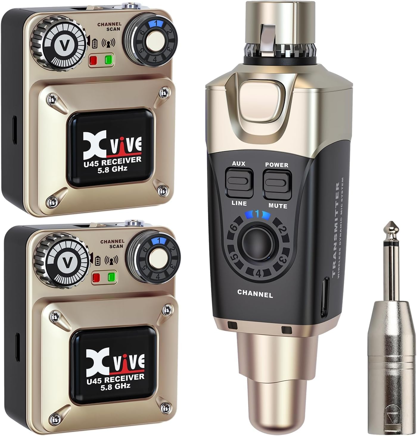 Xvive U45R4 Wireless in Ear Monitor System 5.8Ghz IEM System 1 Transmitter and 4 Bodypack Receiver for Studio, Band Rehearsal, Live Performance, Channel Scan Mode