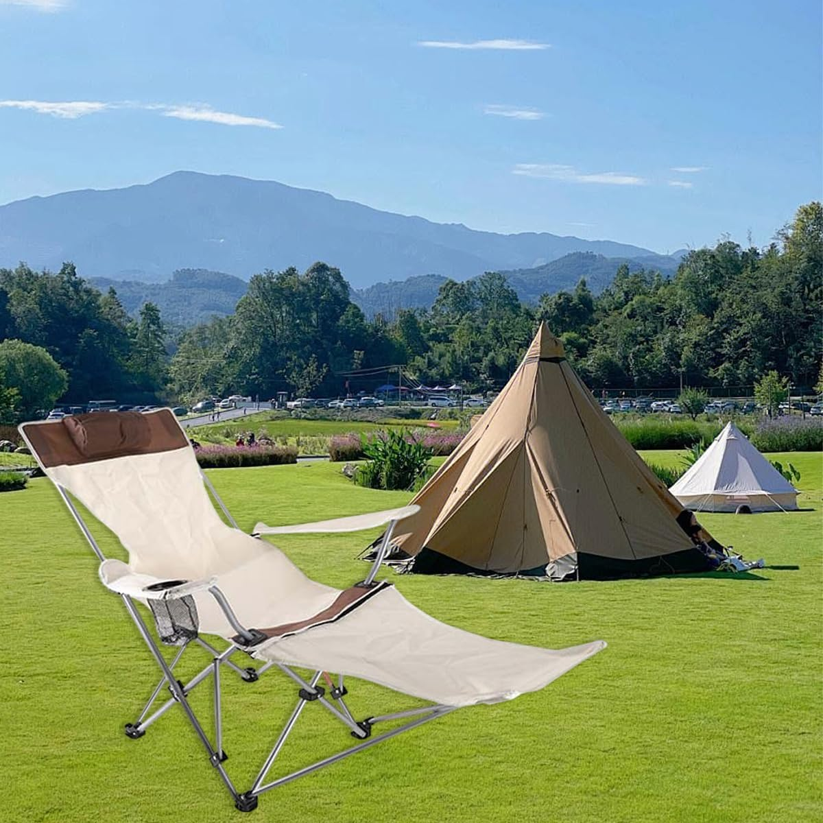 AIMALL Folding Camping Chair with Detachable Footrest, Portable and Lightweight Outdoor Recliner Chair for Beach, Fishing, and Camping with 21.6"X21.6"X27.5" Dimensions