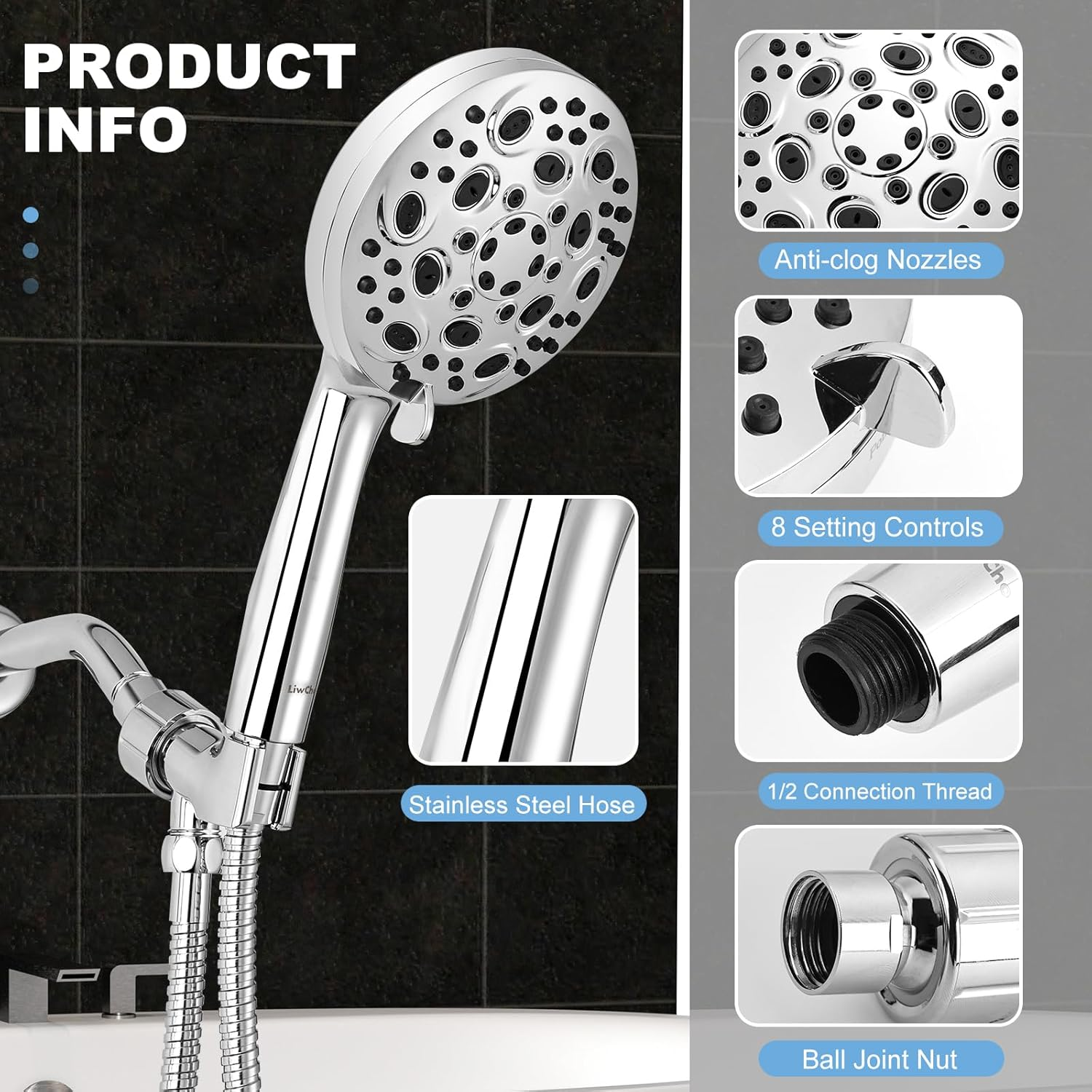 Liwcho High Pressure 10 Functions Shower Head with Handheld - Luxury Modern Chrome Look, Built-In Power Spray to Clean Corner, Tub and Pets, with Stainless Steel Hose Adjustable Bracket (Chrome) image number 2