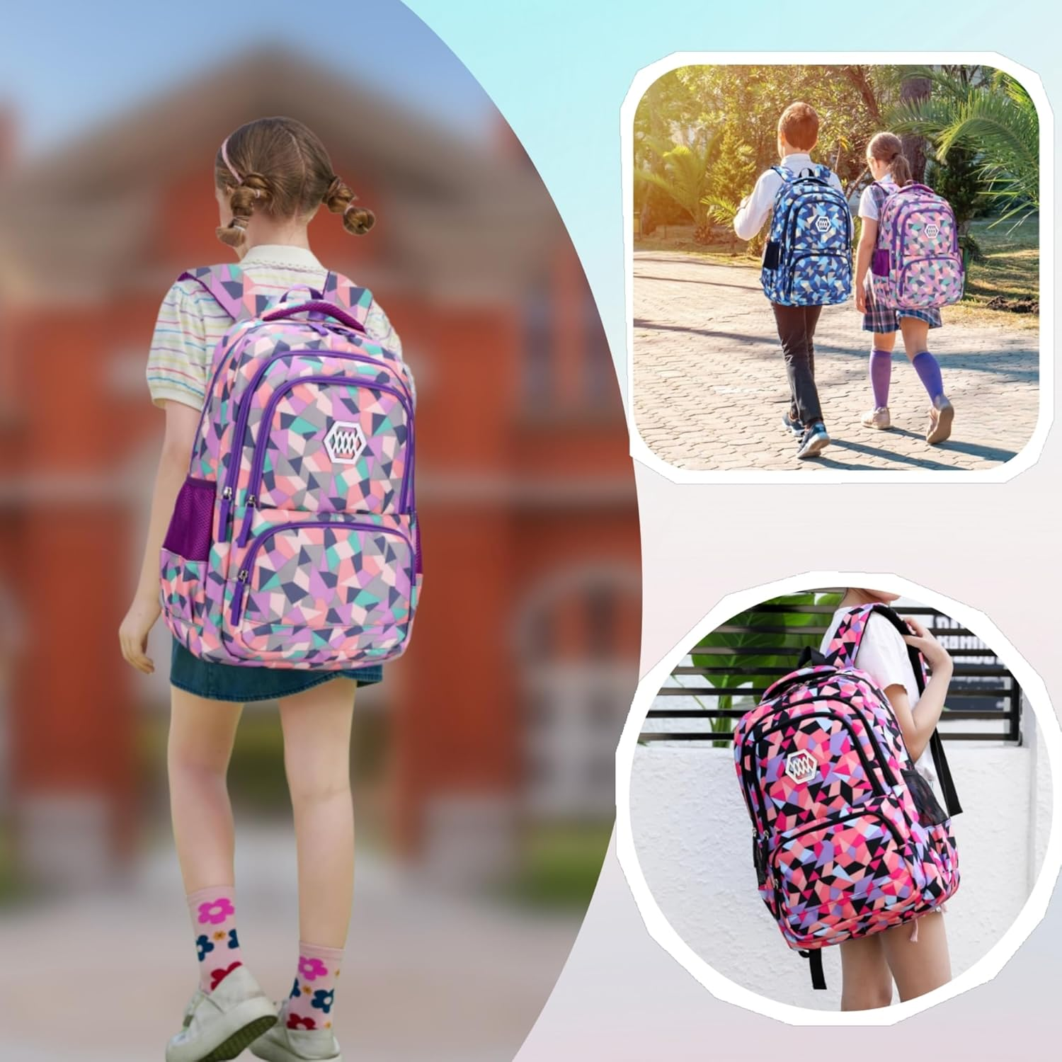 Bansusu Geometric Prints Primary School Student Satchel Backpack for Girls image number 2