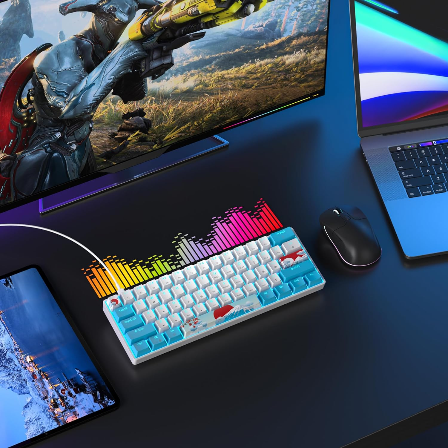 Vumilstek Cool 60% Gaming Keyboard, Compact Mini Wired Mechanical Keyboard 60 Percent with Ice Blue LED Backlit Linear Red Switch PBT Keycaps for Win/Mac PC Gamers(Blue White) image number 1