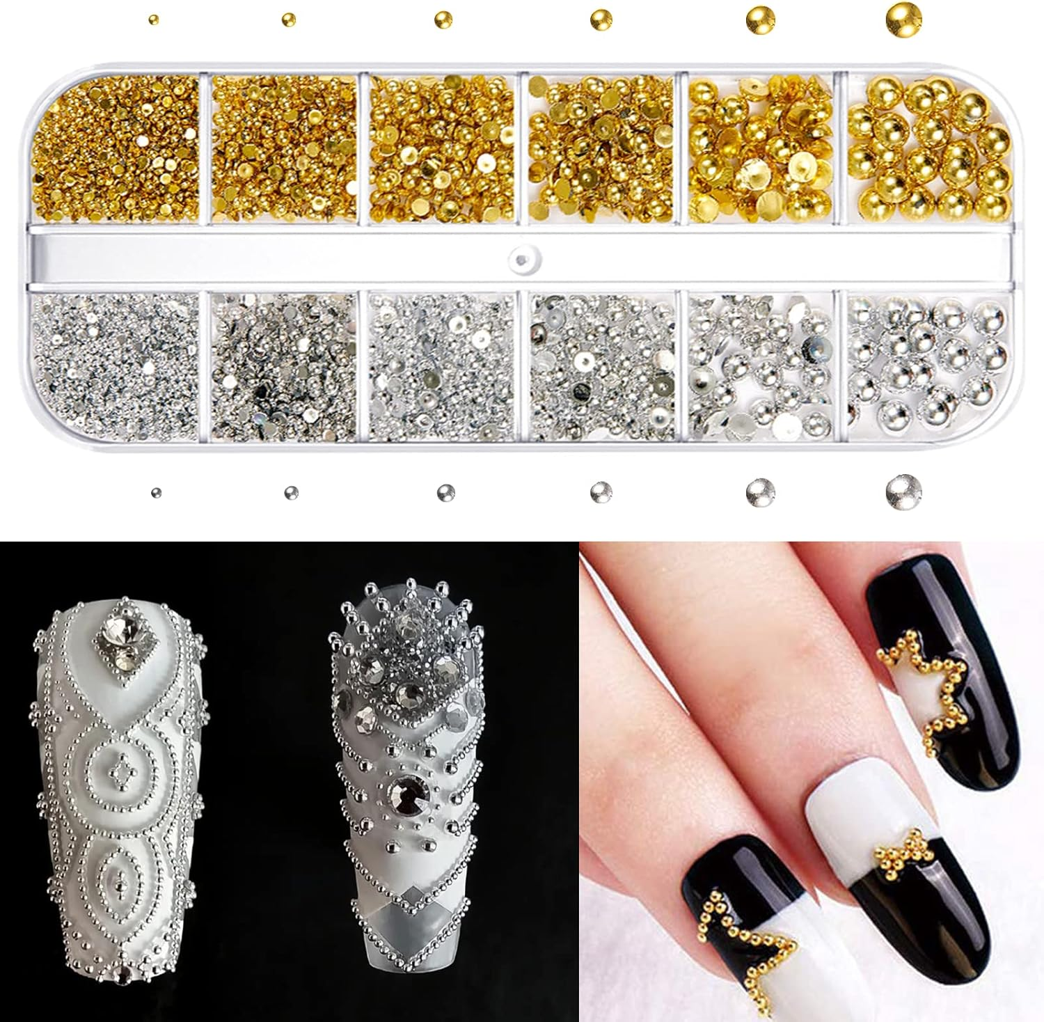 BDSHUNBF 1400 Piece Nail Art Rhinestones Set, Gold Glitter Stones Nail Art, Crystal Nail Stones Set, Stars Moon Nail Art Charms, for Nails DIY, with Tweezers and Drill Pen image number 1