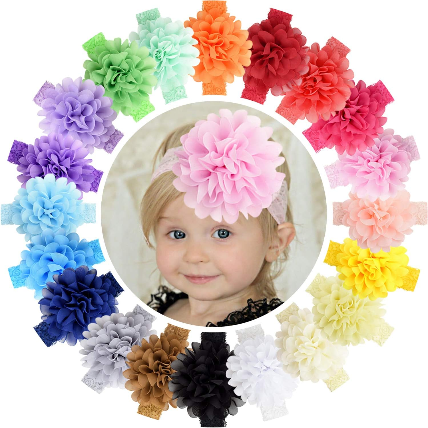 Willingtee 20Pcs Baby Girls Headbands Chiffon Flower Lace Band Hair Accessories for Baby Girls Newborns Infants Toddlers image number 5