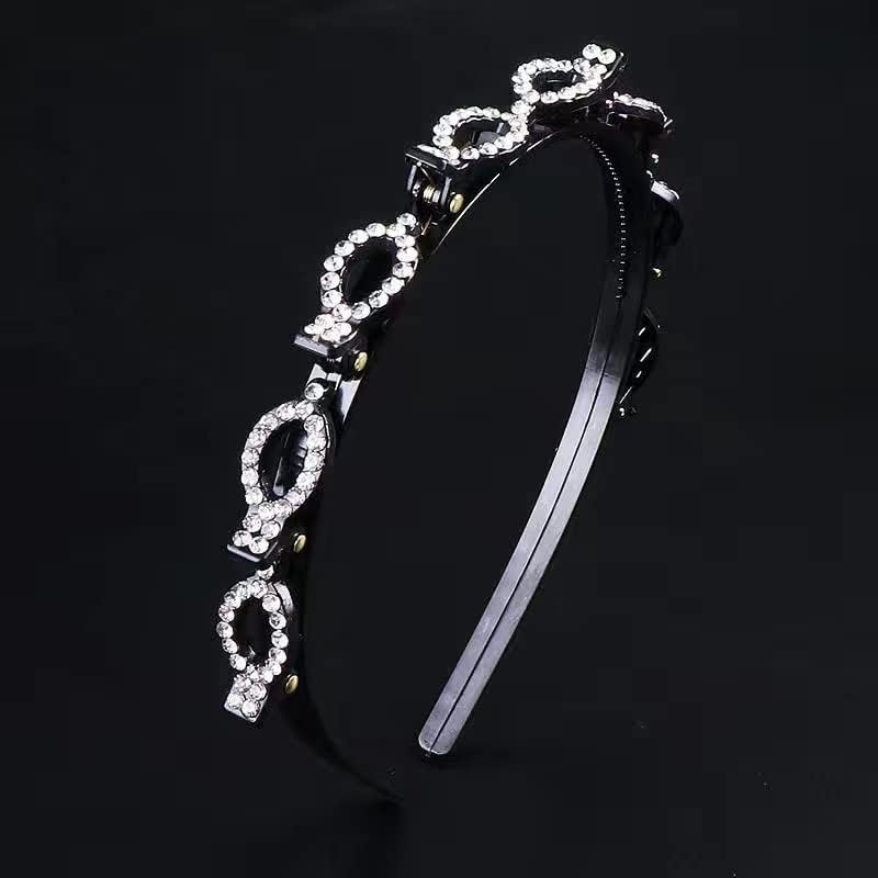 Woven Headband Rhinestone Clip Bangs Double Headband Hollow Braided Hairband (A) image number 6