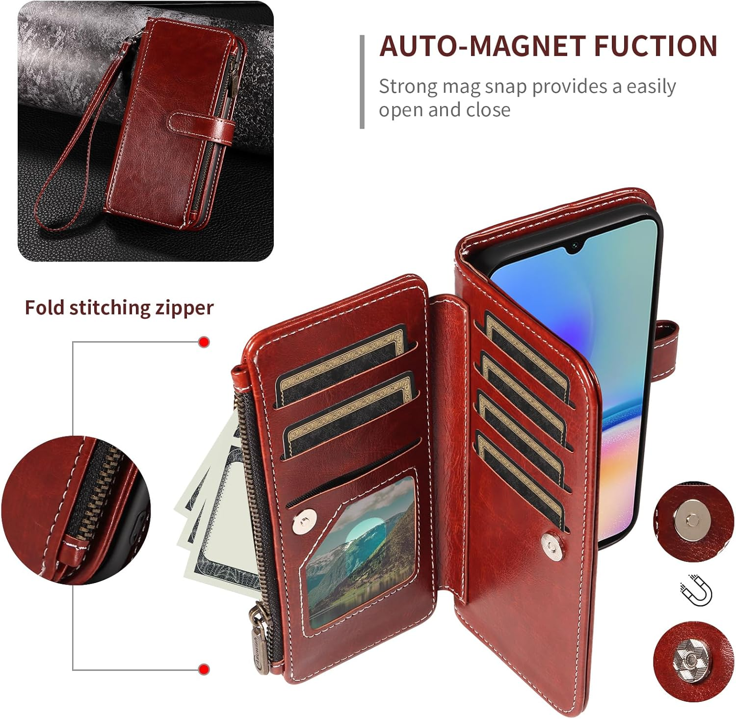Asuwish Mobile Phone Case for Samsung Galaxy A05S/A05 Case with Strap Film Protective Film Card Slot Foldable Leather Wallet Stand Ao5S Ao5 a 05S 05 Mobile Phone Cases Protective Zip Phone Case Brown - Blue image number 2