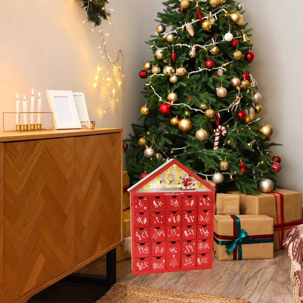 LED Christmas Advent Calendar with 24 Storage Drawers Wooden Advent Calendar Decorated with Christmas Tree House Reusable Xmas Countdown Calendar DIY for Adults Kids Gifts Holiday Decoration (Red) - Red image number 2