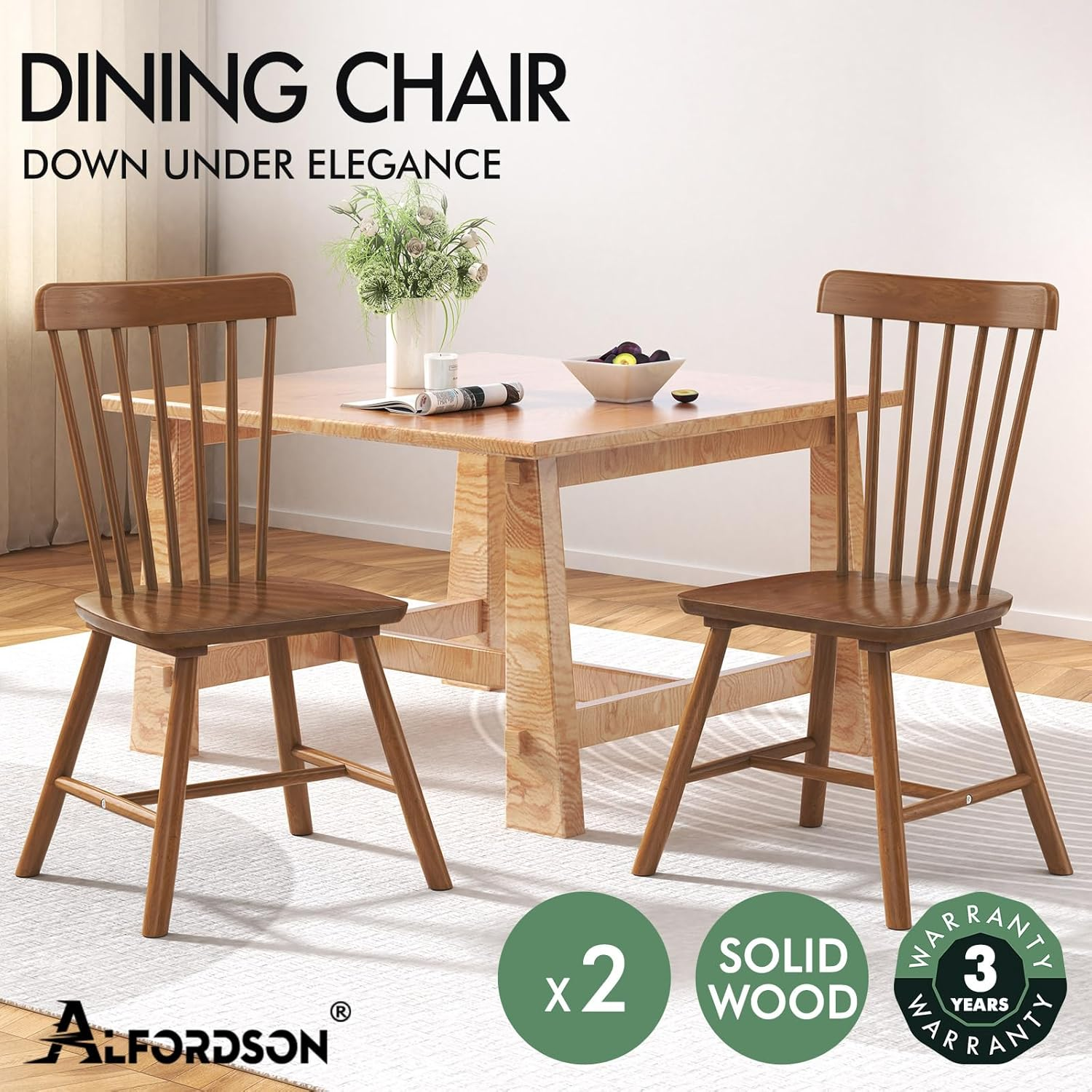 ALFORDSON Windsor Dining Chairs Set of 2 with Solid Wood Frame, Wooden Kitchen Chair with Floor Protector, Reading Seating for Home Cafe Coffee Table, Max 150Kg, Walnut