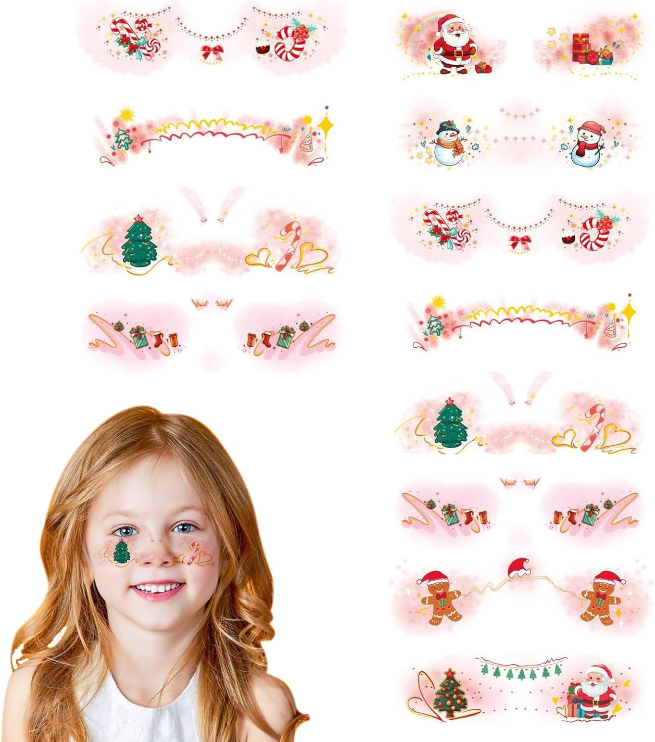 Itadaku 12 Sheets Christmas Temporary Face Tattoos, Cartoon Santa Claus, Snowman, Tree, Gingerbread Man, DIY Holiday Decorations image number 4