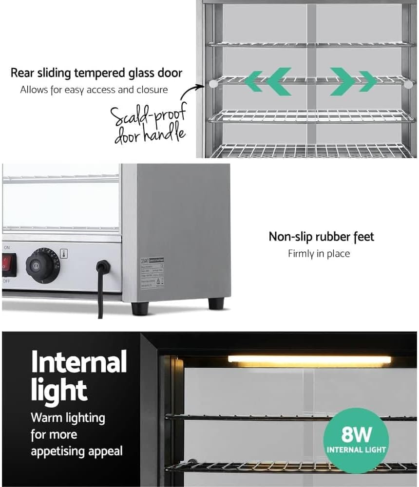 Devanti Food Warmer, 1000W Display Cabinet Commercial Electric Pie Foods Warmers Buffet Showcase Home Kitchen Restaurant Car Appliances Counter Top, with 4 Tier Shelves and Removable Crumb Tray Silver