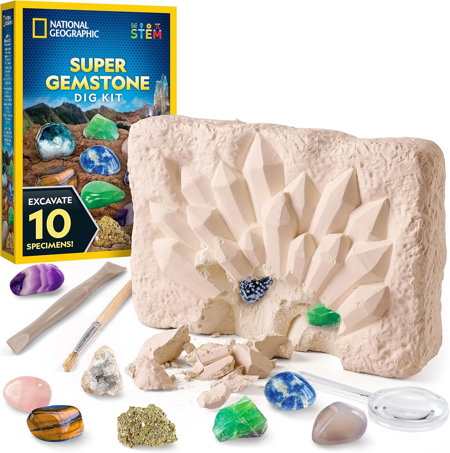 National Geographic Gemstone Dig Kit &ndash; Dig up 10 Real Gems & Crystals, Science Kit for Kids, Gem Digging Kit for Kids, Mining Kit, Rock Collection