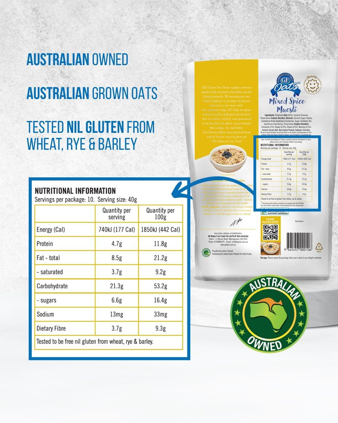 GF Oats Muesli Starter Pack | Nil Gluten Contamination | 4 X 400G Pack| 10 Serves per Pack | Includes 4 Flavours | Free from Wheat, Rye, Barley, GMO, Dairy, Egg & Soy. Vegan Granola Alternative image number 5