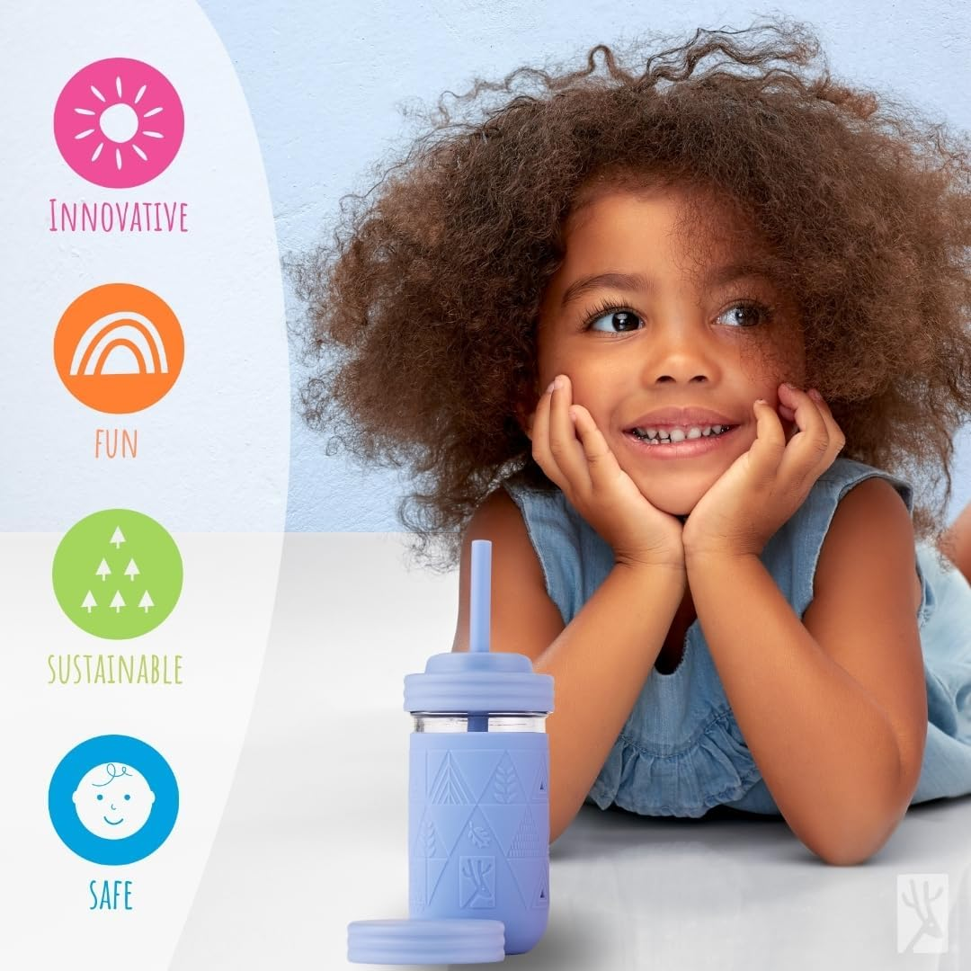 Elk and Friends 12Oz Glass Kids + Toddler Drinking Cups | the Original Mason Jars with Lids + Sleeves + Straws | Smoothie Cups | Spill Resistant | Dishwasher Safe | 4 Pack - Blush/Lilac/Peach/Lemon image number 7