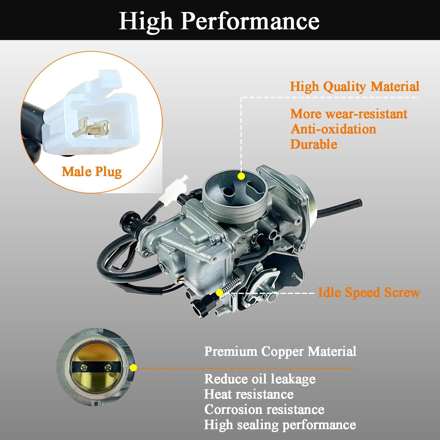 TRX350 Carburetor Kit Fits for Honda Rancher 350 2000-2006 TRX350TM TRX350TE TRX350ES TRX350FE TRX350FM Fourtrax 300 TRX450 Foreman 4 Stroke ATV with Oil Air Filter Choke Cable (Male Plug) image number 4