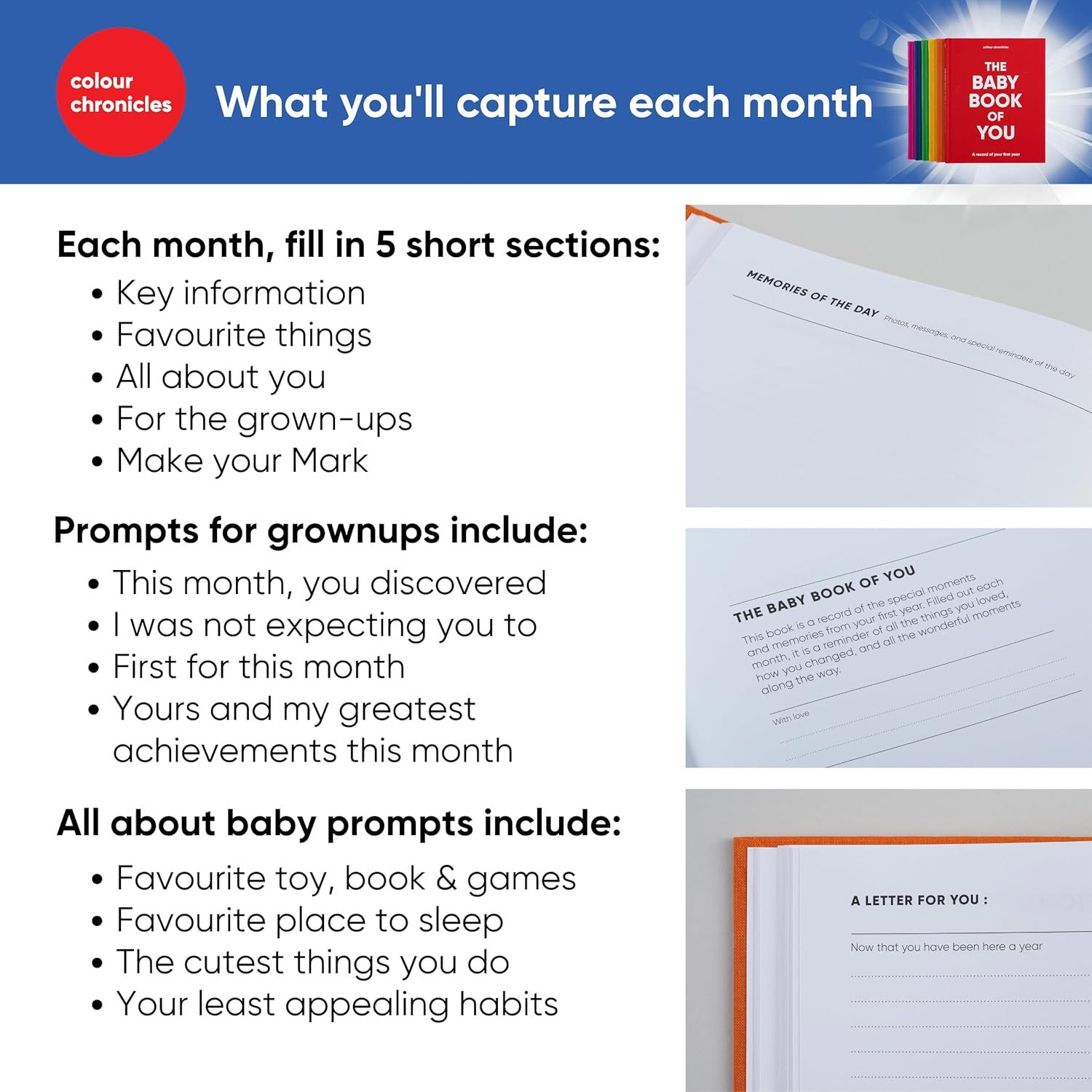 Baby Memory Book | Capture the Joy of the First Year in This Forever Keepsake | Unique Gift for Expecting Parents | 8" X 10&rdquo; Scrapbook | 96 Pages | Cloth Covered Hardback Baby Memory Journal &ndash; Blue image number 4