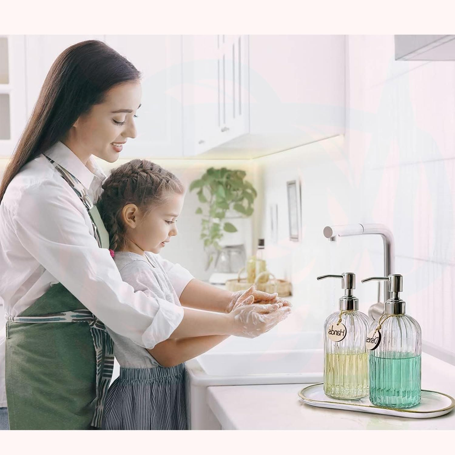 YIRANJIA 2-Pack 18 Oz Glass Soap Dispenser with Rust-Proof Stainless Steel Pump - Refillable Vertical Stripe Design for Kitchen & Bathroom image number 5