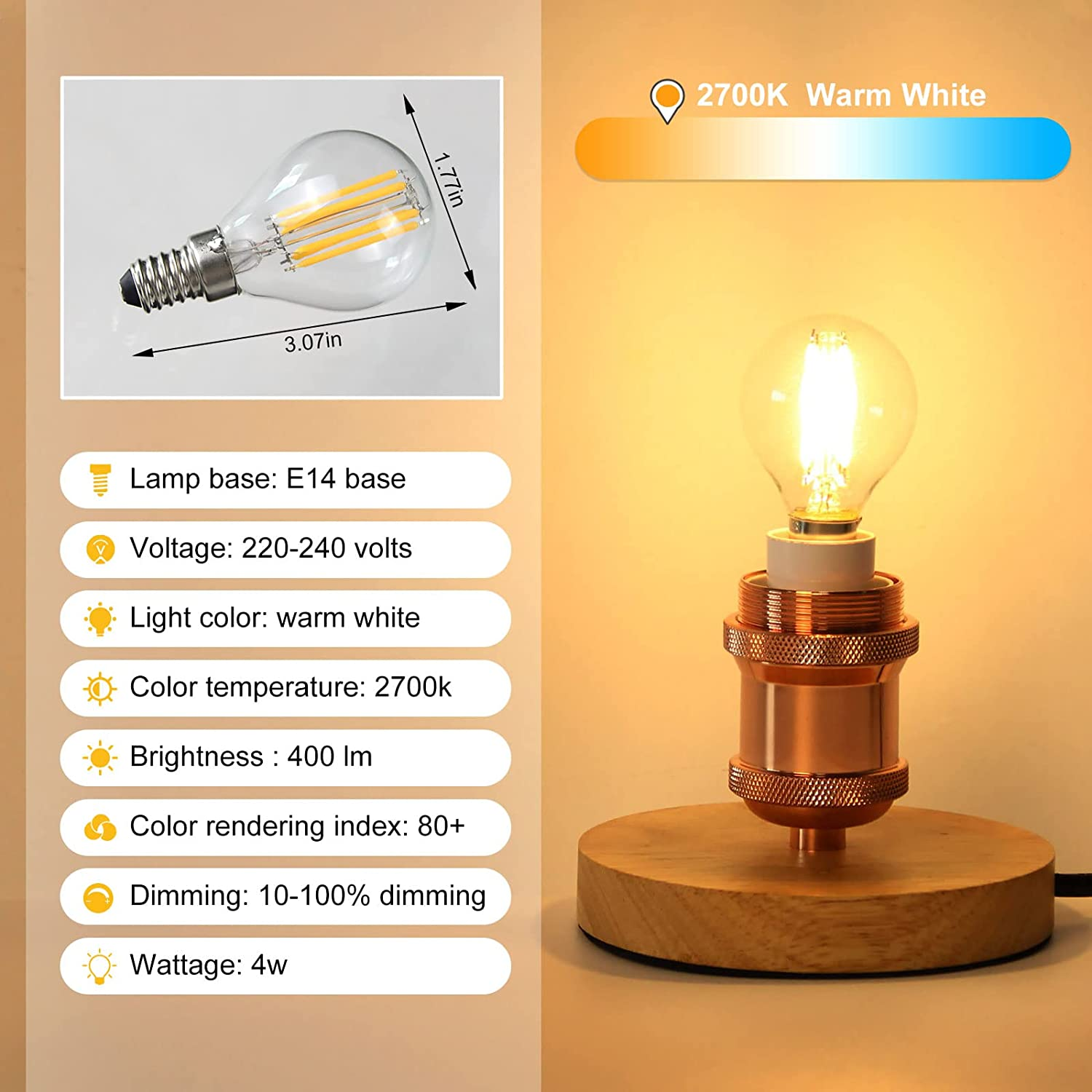 BRIMAX E14 LED Vintage Golf Ball Bulb Dimmable 4W, 40W Equivalent, Soft Warm White 2700K 400Lm, SES Filament Mini Globe Marquee Bulb, G45 Chandelier Light Bulbs, Bedroom Bulbs, 4 Pack image number 5