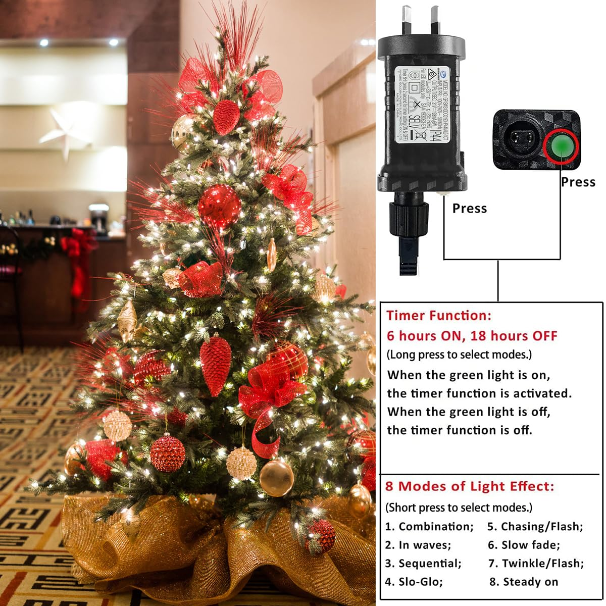 SAA Approved 3.6W AU Plug for T Tersely Fairy Light, 31V Safe Low Voltage 8 Lighting Modes Indoor Plug with Timer Function for 10M/100LED and 20M/200LED Lights