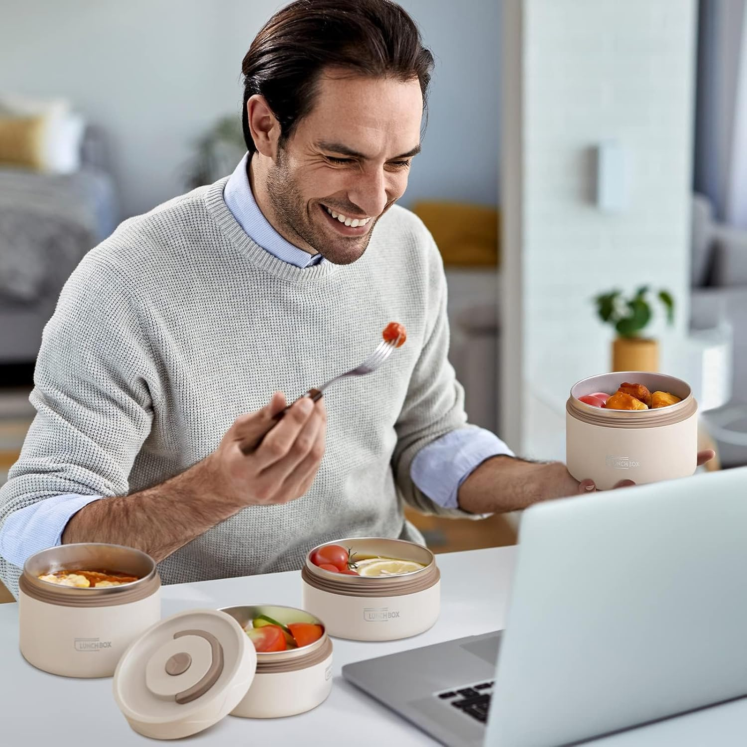 Thermal Bento Lunch Box Set, Portable Insulated Food Container Set with Bag, Separate Stackable Leakproof 304 Stainless Steel Lunch Container for Adult Kids Men Women (Beige-3 Pack)