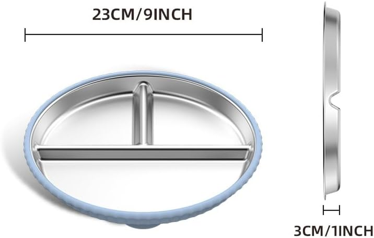 Stainless Steel Suction Plates for Toddlers, 9" Divided Kids Baby Plates with Removable Silicone Suction, Non Toxic Non Slip Portion Control Snack Dishes 4 Packs, Blue Beige Pink image number 4