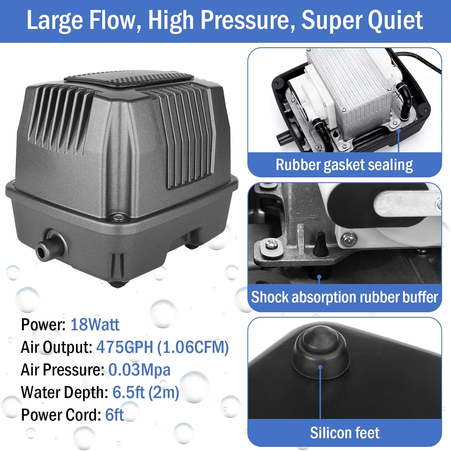 Aquamiracle Pond Aeration Kit - Koi Aerator Air Pump for up to 15000 Gallons, Deicer All-In-One System with Self-Sinking Airline, Flow Control, Rubber Air Diffuser image number 5