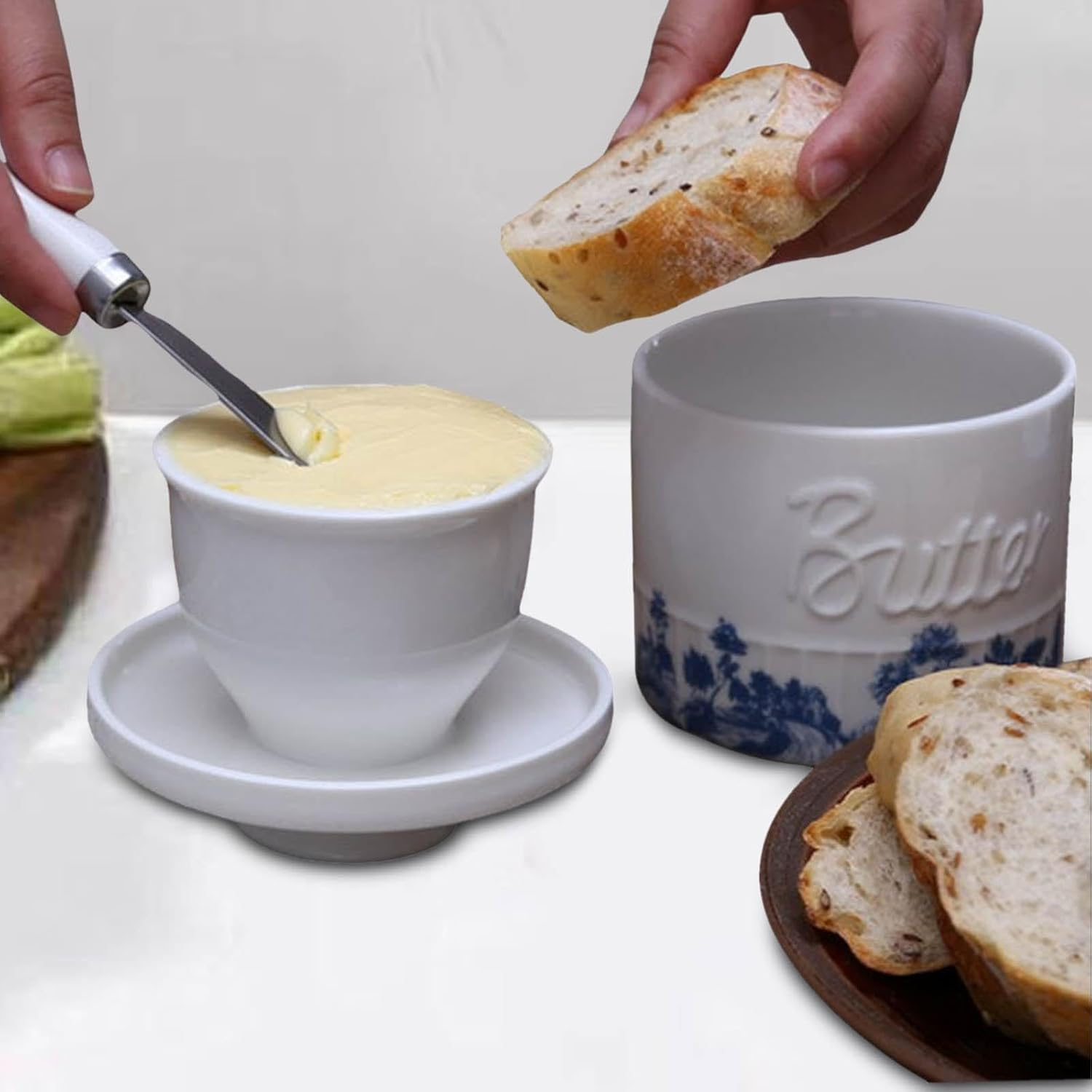 Fenteer Butter Dish Butter Crock with Lid for Soft Butter Porcelain Butter Container Butter Keeper for Cafe Dining Table Centerpiece , Style A image number 1