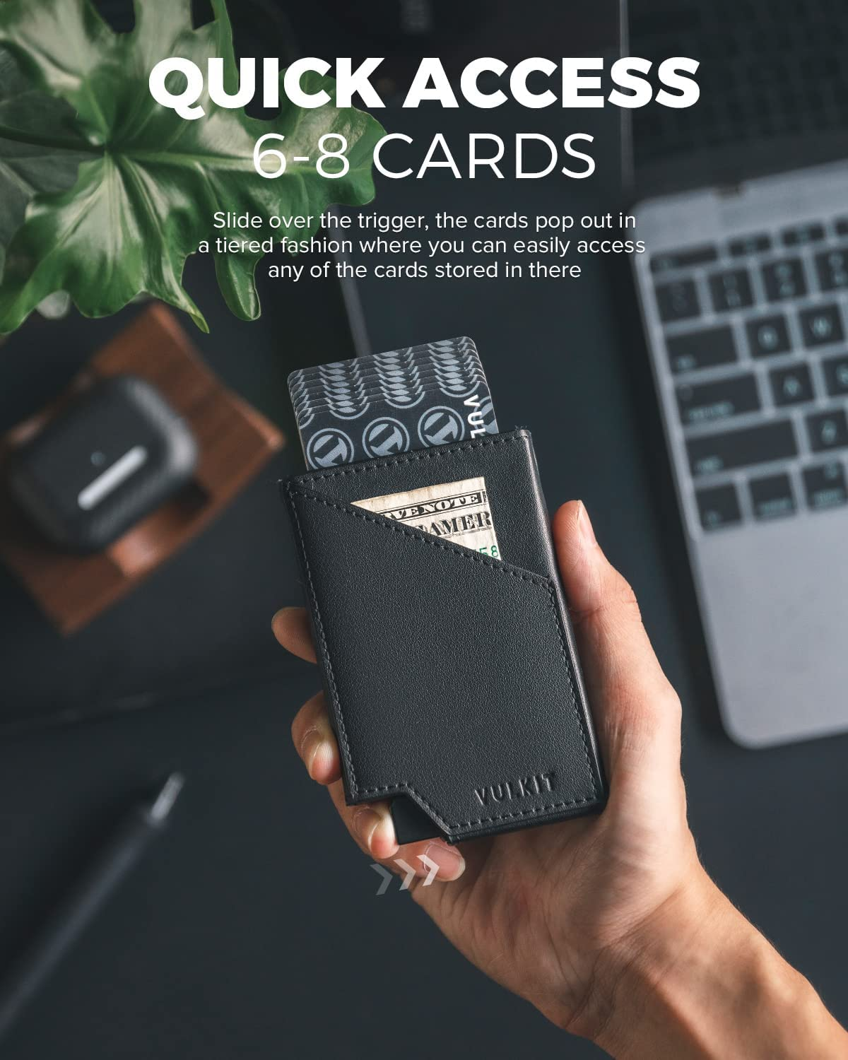VULKIT Minimalist Slim Wallet for Men Pop up Card Holder RFID Blocking with Money Pocket for Cash & Credit Cards Black image number 5