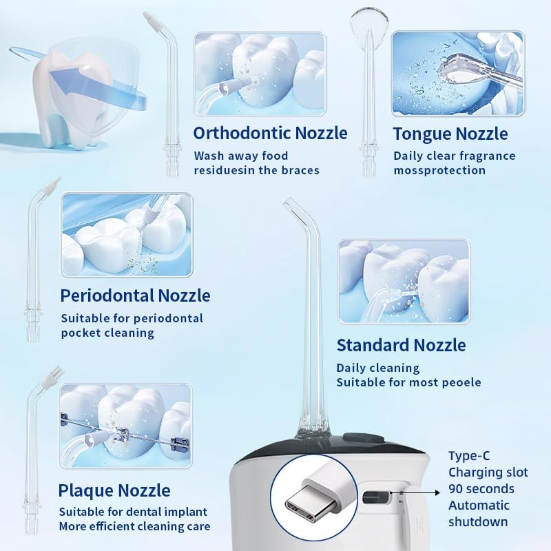 Water Dental Flosser, Cordless Oral Irrigator for Teeth, Gum, Braces Deep Cleaning, 5 Tips, 4 Modes, 300ML Rechargeable Water Dental Flosser, IPX7 Waterproof, Portable Design for Home Travel image number 6