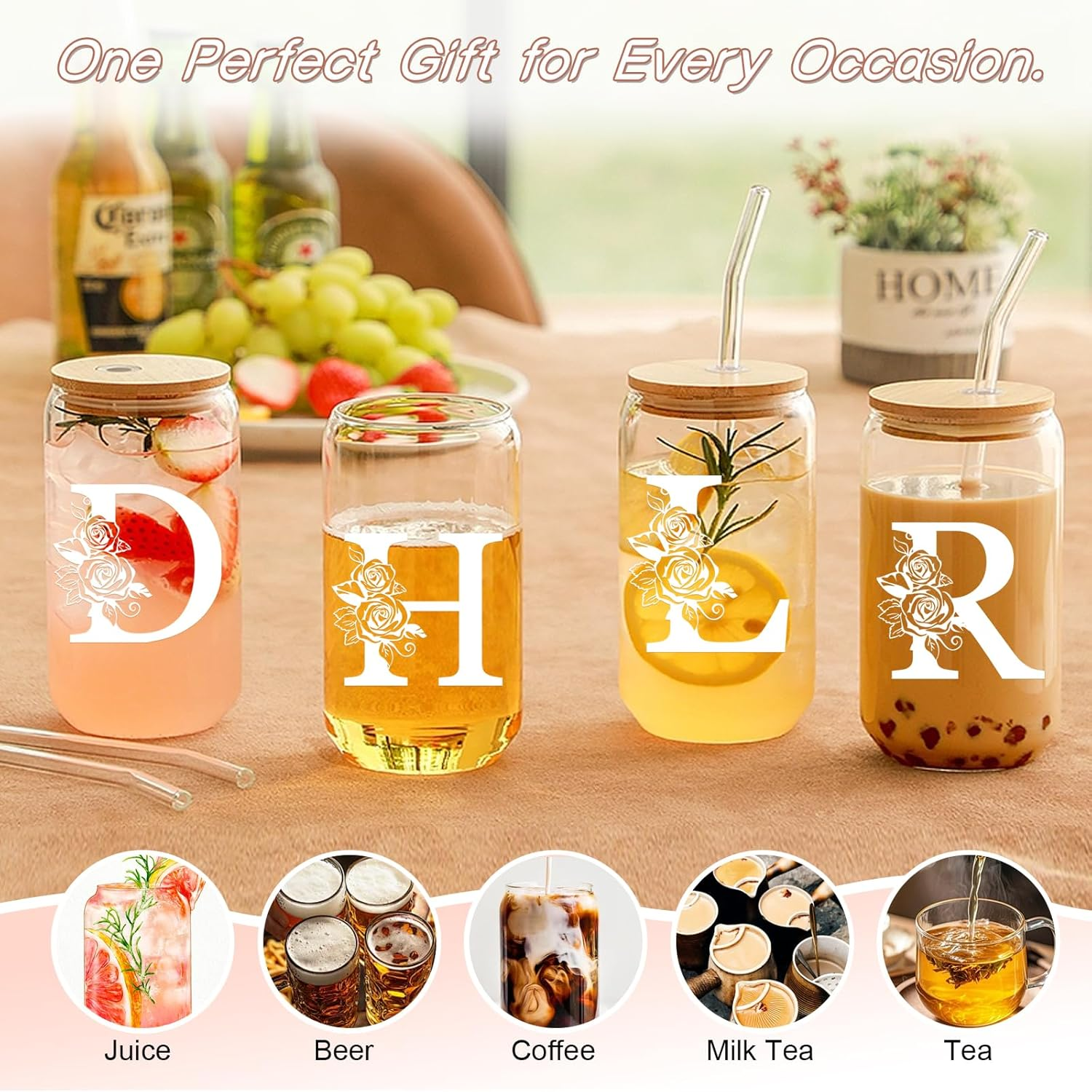 DAMCONME Bridal Shower Gifts,Personalized Bridesmaid Wedding Gift Set&ndash;Initial Glass Cups with Lids and Straws,Initial Letter Keychain&ndash;Unique Bachelorette Party Supplies Gifts for Sister Bestie&ndash;S image number 4