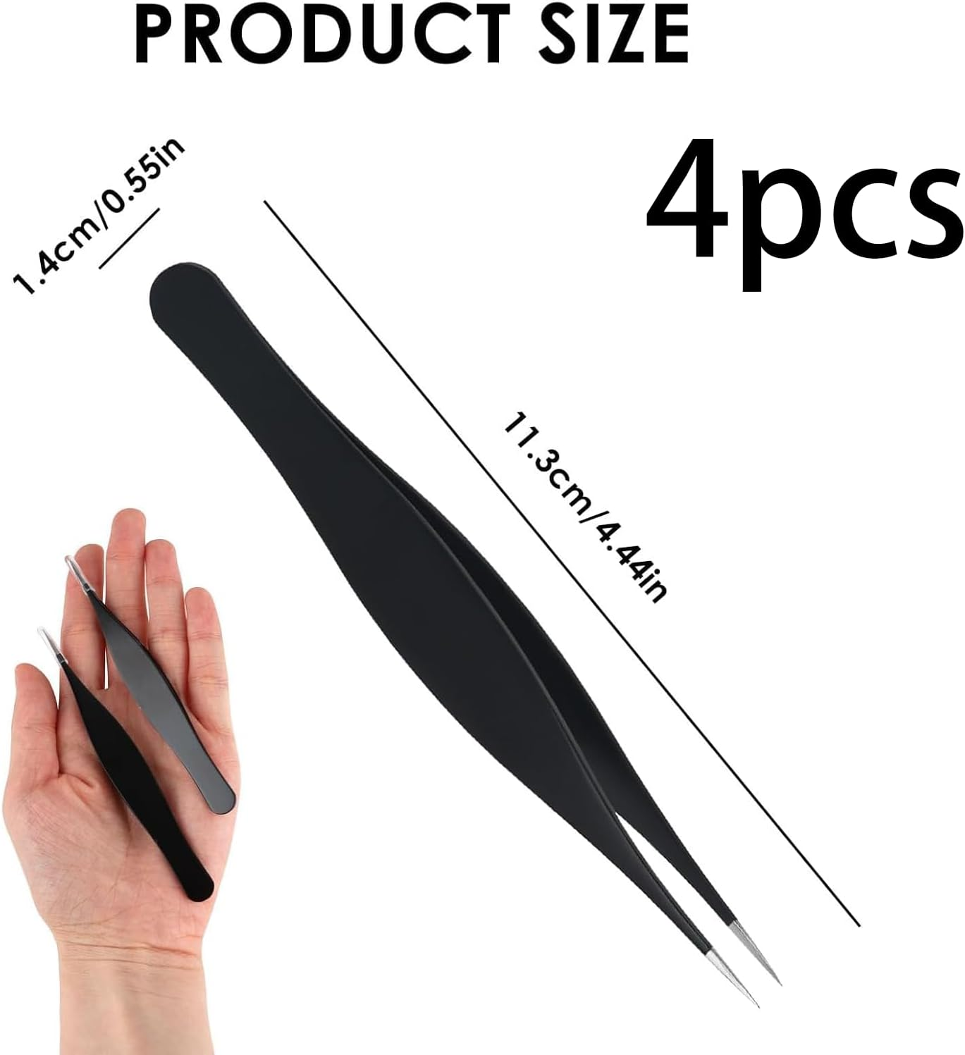 Fokmuaex Fine Point Precision Tweezers - Needle Nose for Facial Hair Removal (Nose Tip, Eyebrows, Lash, Chin) - Splinter & Ticks Remover - Ingrown Hair Tool for Women & Men - Black 4 Pcs image number 3