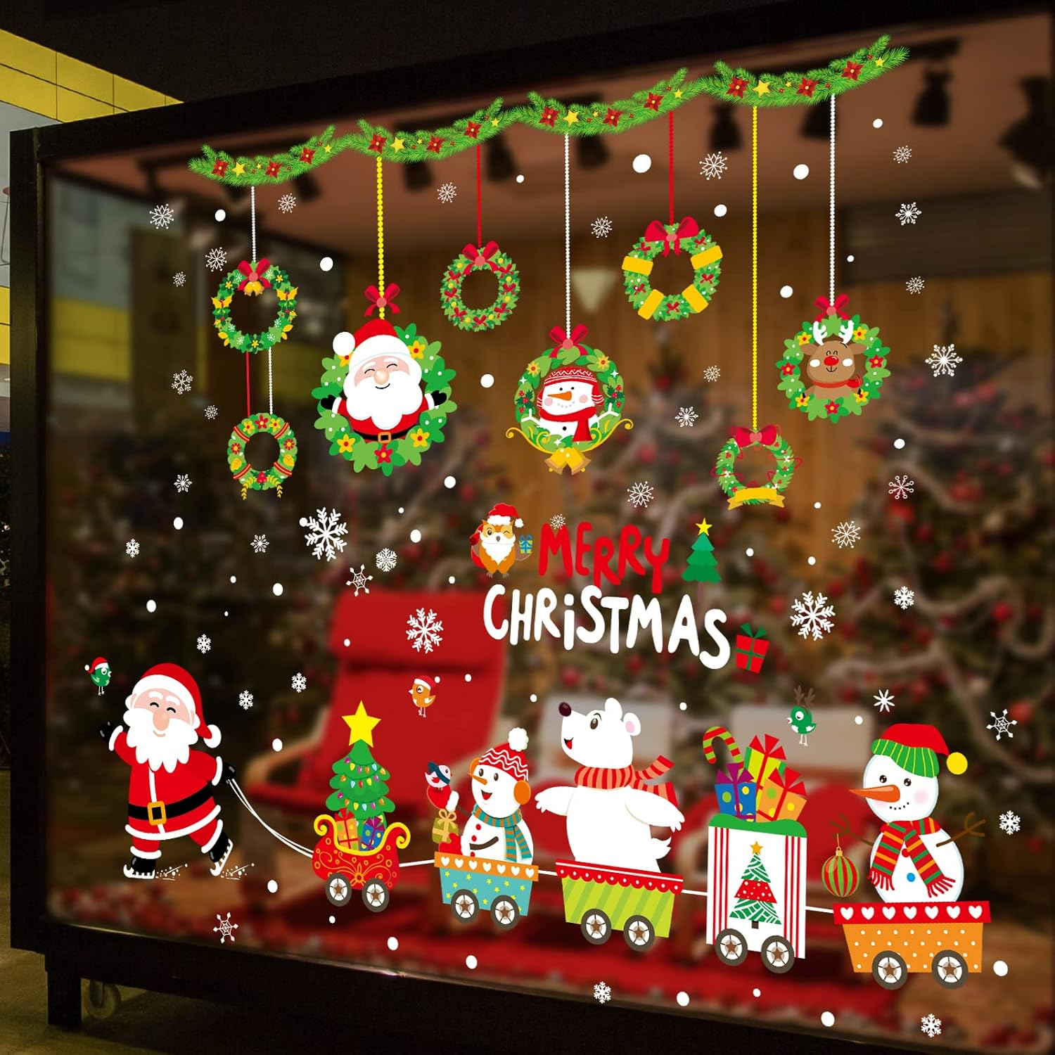 Hianjoo Christmas Window Stickers, 4 Sheets Xmas Glass Stickers with Snowflake, Snowman, Santa Claus, Garland for Christmas Indoor Wall Decorations Removable Window Display Showcase Door image number 3