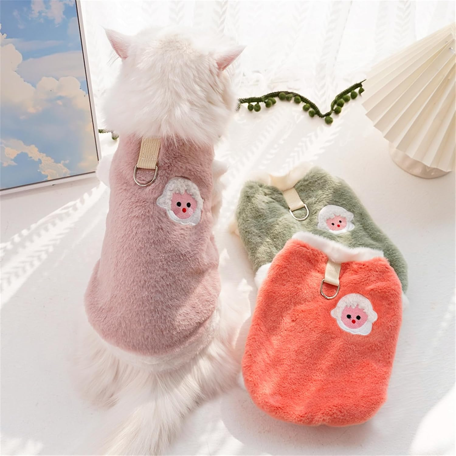 Yaopelkyy2Pcs Cat Winter Clothes with Leash D-Ring Small Medium Dog Fleece Outfit Animal Print Pet Pullover Apparel (Orange-Pink, M) image number 4