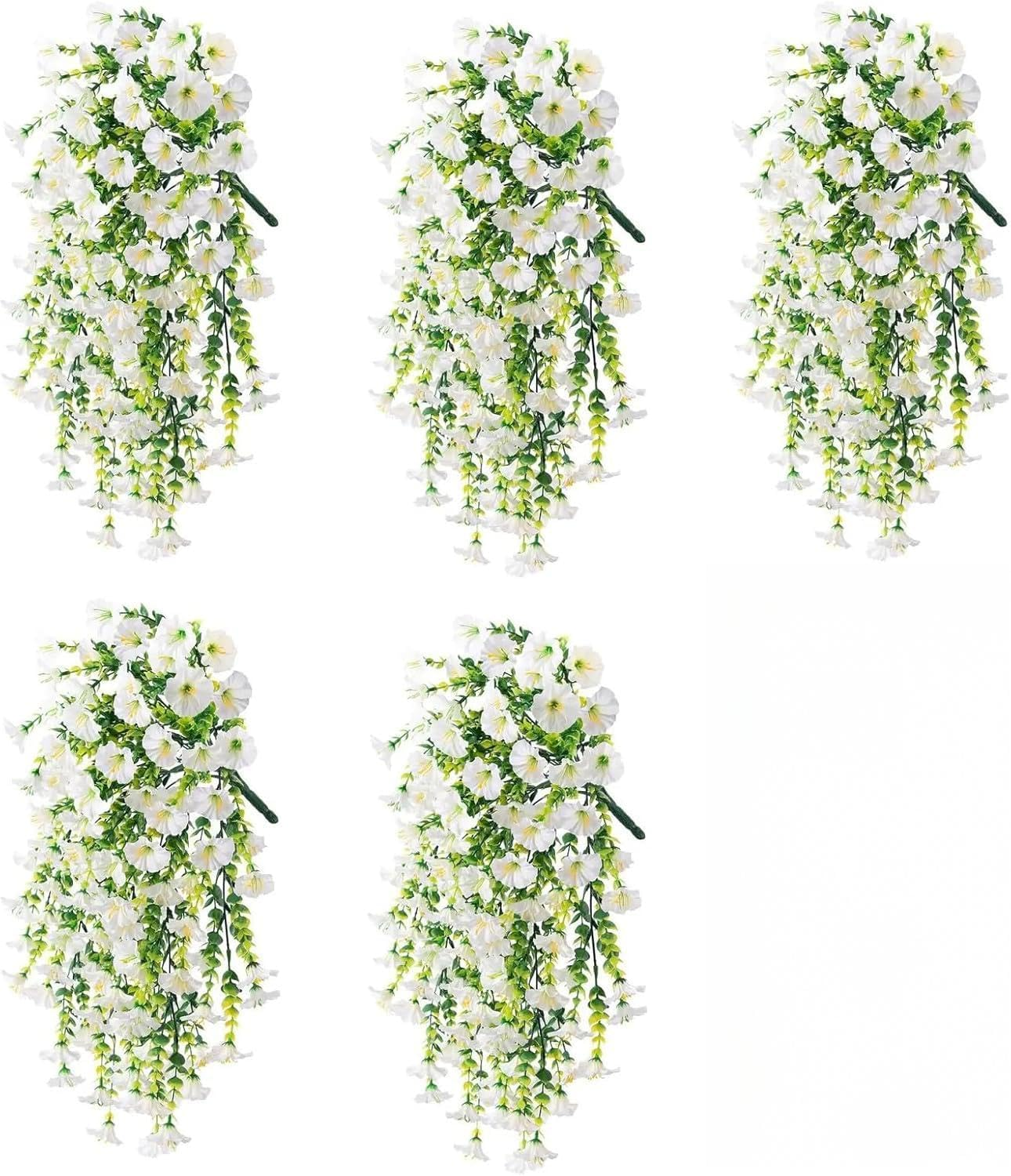 Artificial Hanging Flowers for Outdoors, 5Pcs UV Resistant Faux Petunias, Realistic Fake Silk Long Vines Morning Glory Eucalyptus for outside Indoor Planter Porch Patio Home Decor (Purple)