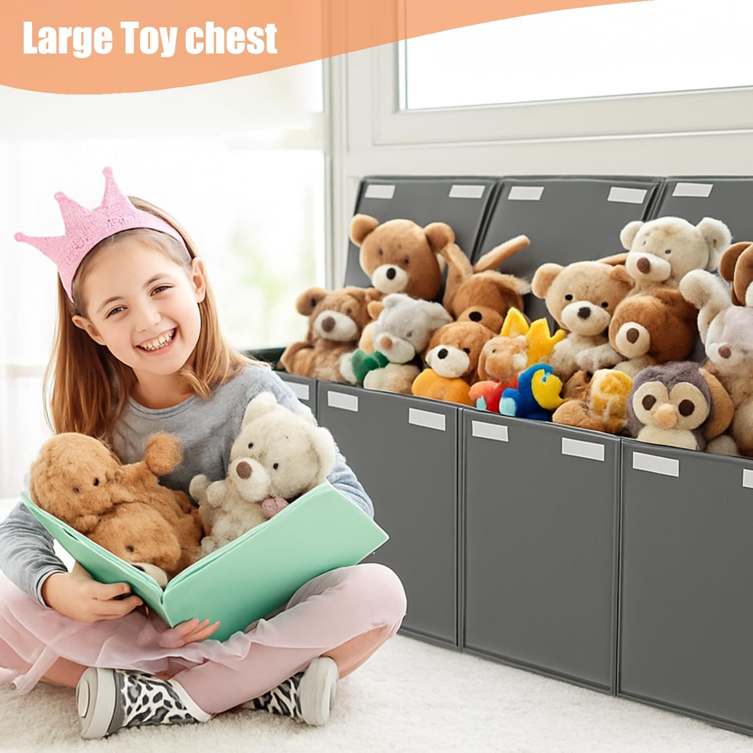 Extra Large Toy Box Storage,Collapsible Kids Toys Boxes Organizer Bins Baskets,Plush Toy Baskets for Kids, Toy Bin Container with Lid and Handles for for Living Room, Nursery, Playroom, Closet. (Grey) image number 4