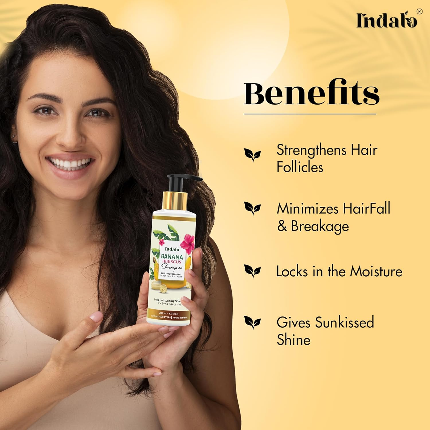 Indalo Banana Hibiscus Deep Moisturizing Hair Volumizing Shampoo with Vitamin E and Shea Butter for Dry & Frizzy Hair, Paraben & Sulphate Free, UV Protection - 200Ml