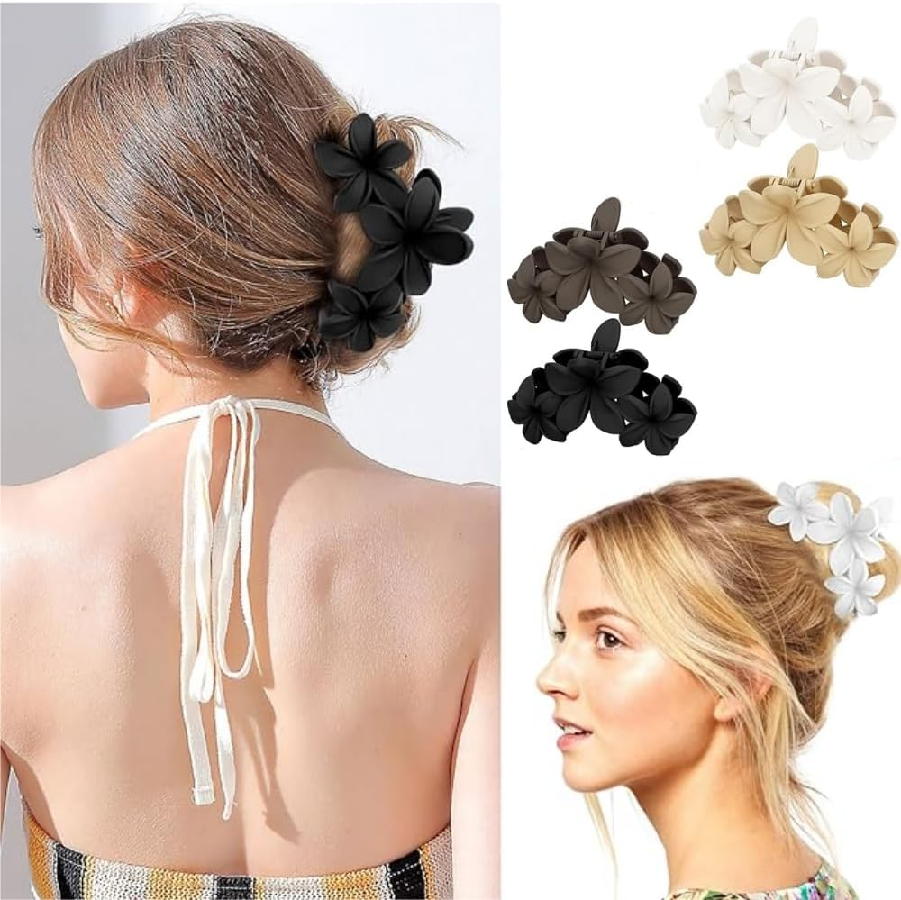 Flower Hair Claw Clips, 4-Pack, Matte Non-Slip Design, Large Plumeria Style, Thick Hair Accessories (Black) - Black image number 4