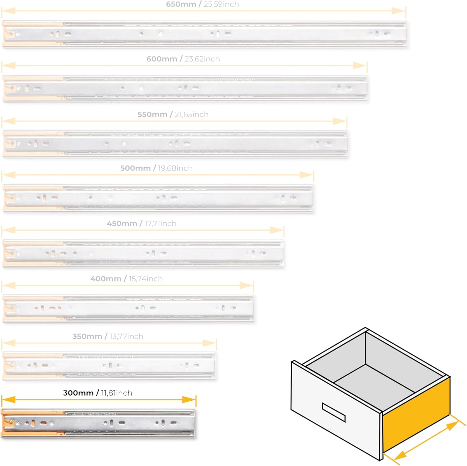 Emuca - Ball Bearing Drawer Slides 45X300Mm (1,77X,11,8 Inch), Set of 5 Pairs of Full Extension Drawer Runners with Soft Closing image number 2