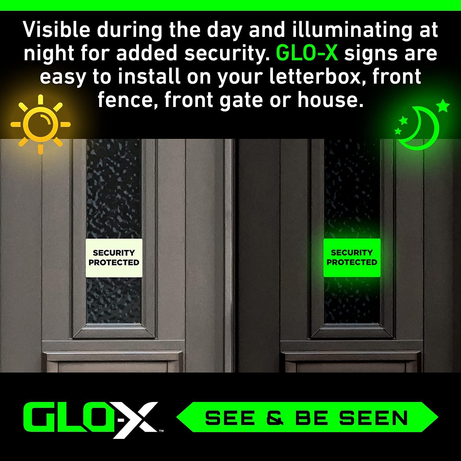 GLO-X Security Signs - Security Protected - to Keep Your Property Safe at Night - 12+ Hours Glow Time - Charges in Daylight - Unlimited Recharges - No Batteries Required image number 5