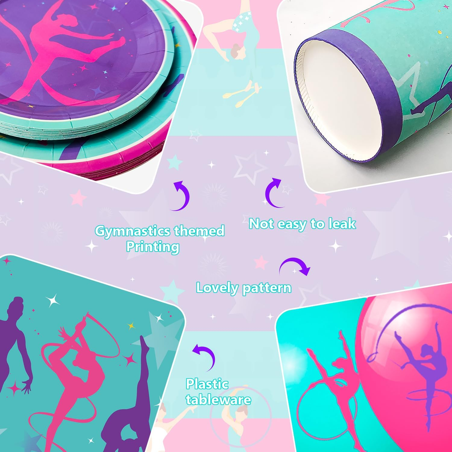 Gymnastics Birthday Party Supplies, Gymnastics Party Decorations Tableware Kit Gymnastics Plates and Napkins Cups Tablecloth Balloons Banner Etc Gymnastics Decorations for Birthday Party, 16 Guests image number 1