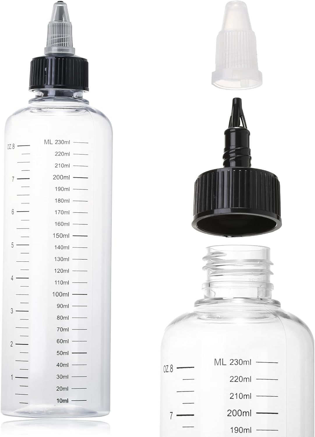 EXEXIUO 2Pcs Applicator Bottle for Hair 8.5Oz Empty Squeeze Hair Oiling Bottle Plastic Hair Color Dispenser Container for Scalp Root Dye Container with Clear Graduated Scale Twist-On Top Tip Cap image number 2