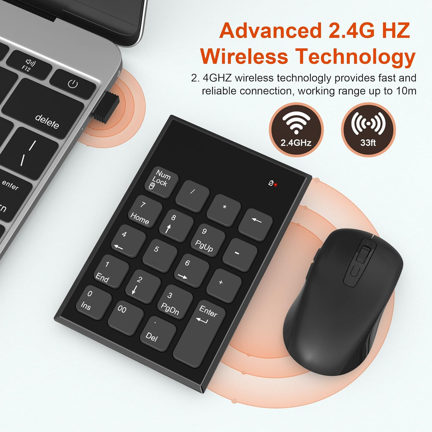 Wireless Number Pad and Mouse, 19 Keys Portable Ultra Slim 2.4Ghz 10 Key USB Keypad and 3 Adjustable DPI Silent Mouse Set for Laptop, Notebook, Desktop, PC Computer - Use One USB Receiver image number 6